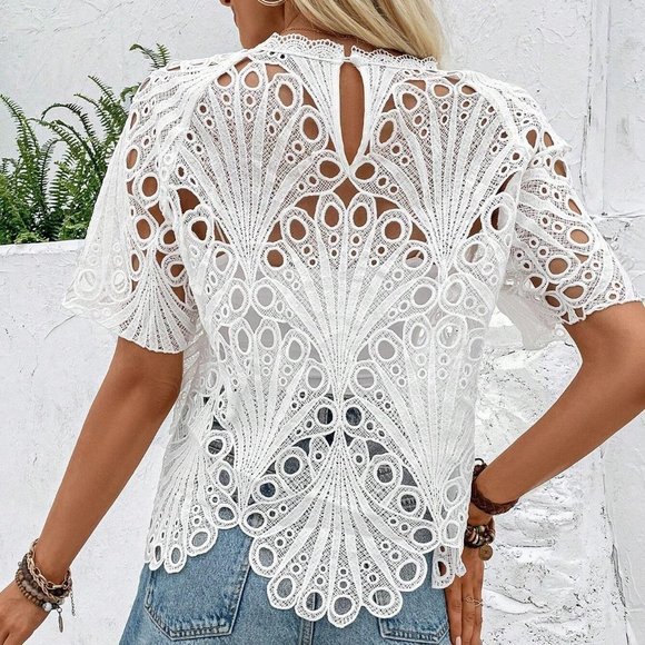 White Boho Womens Guipure Lace Insert Raglan Sleeve Blouse - Picture 2 of 5
